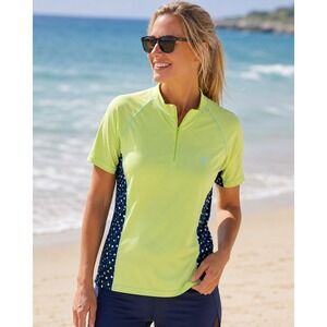 Coolibar Womens XL Rash Guard UPF 50 Lime Green Polka Dot Quarter Zip Swim Shrt